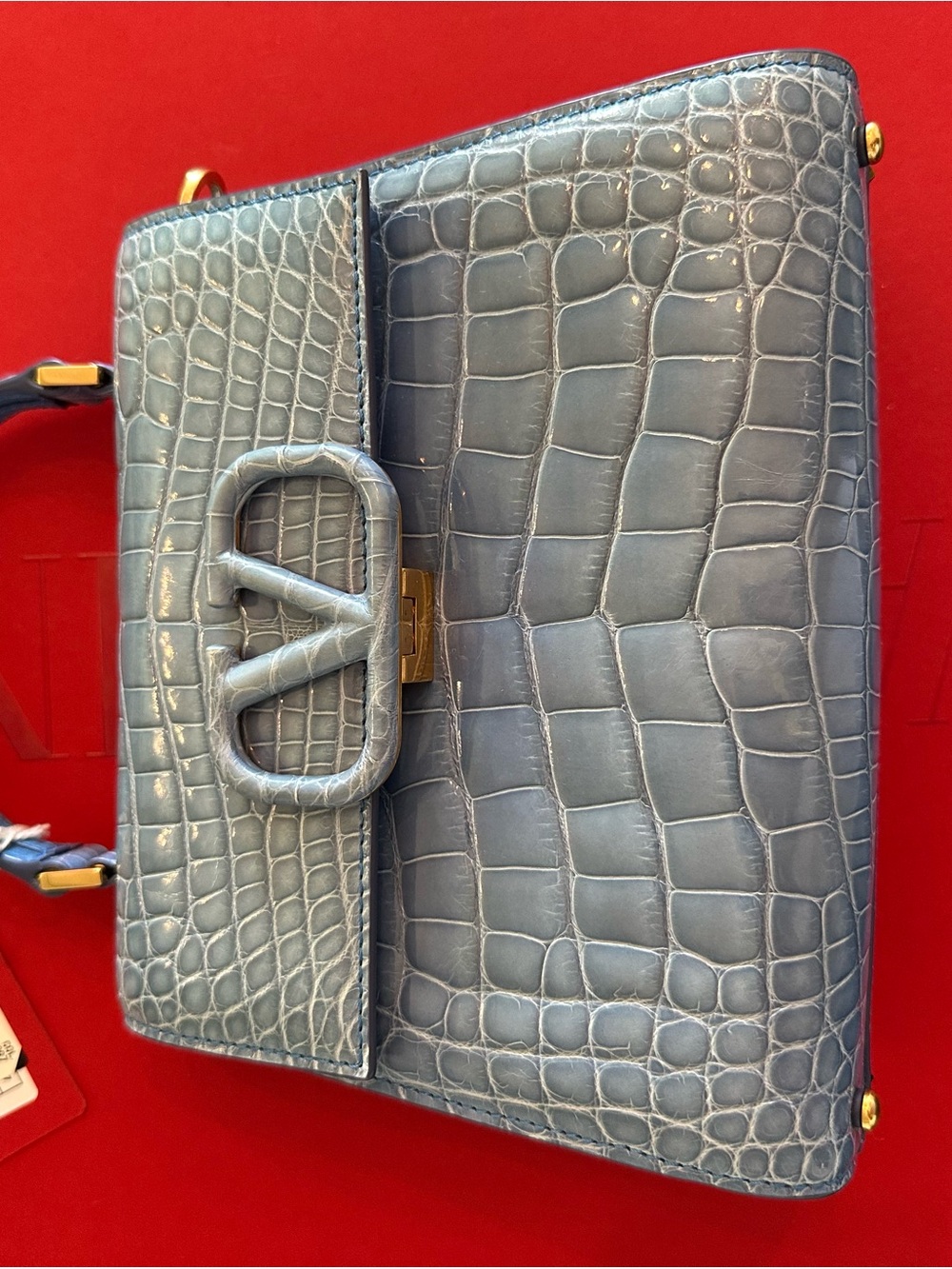 Valentino Garavani Blue Croc-Embossed Leather Shoulder Bag